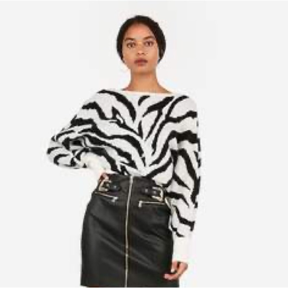 Express Zebra Print Crop Sweater Black Ivory White XS